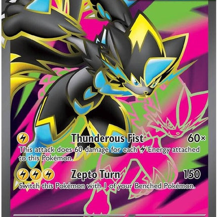 Pokémon Mega Zeraora EX card in Pitch Black, featuring dynamic artwork and vibrant details from the Pokémon Singles collection.