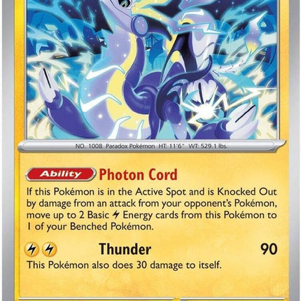 Pokémon ME05 Pitch Black Miraidon 28 singles card featuring a sleek black Pokémon with detailed artwork and vibrant colors.