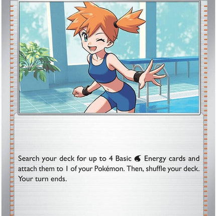 Pokémon ME05 Pitch Black Misty's Vitality 80 singles card featuring Misty in a dynamic pose on a black background.