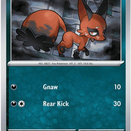 Pokémon Nickit Pokémon card in Pitch Black style, featuring a sleek black fox-like Pokémon with sharp eyes.