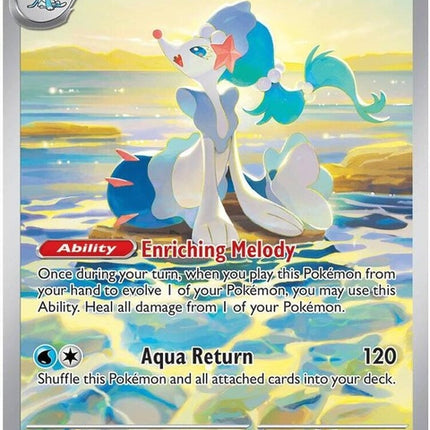 Pokémon ME05 Pitch Black Primarina trading card, single from the Pokémon brand, featuring Primarina in a dynamic pose.