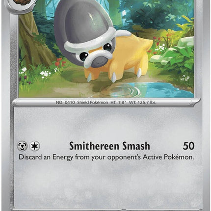 Pokémon Shieldon single card from the ME05 Pitch Black series, featuring detailed artwork of the fossil Pokémon.
