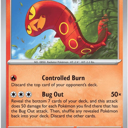 Pokémon Sizzlipede single card in Pitch Black design, featuring a fiery insect Pokémon with red and black coloring.
