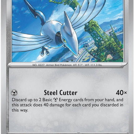 Pitch Black Pokémon Skarmory trading card, single from Pokémon ME05 set, featuring a detailed illustration of the steel-type bird.