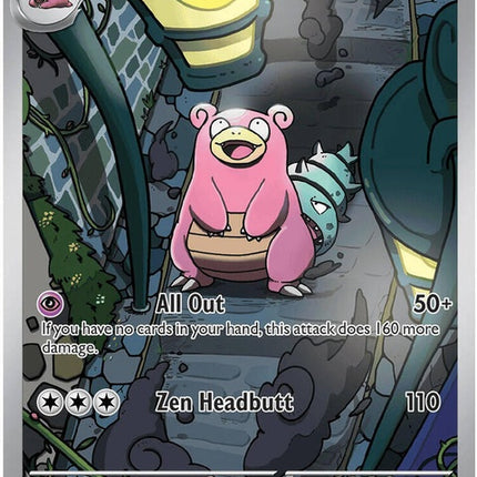 Pokémon ME05 Pitch Black Slowbro 90 trading card featuring Slowbro in a dynamic pose on a black background.