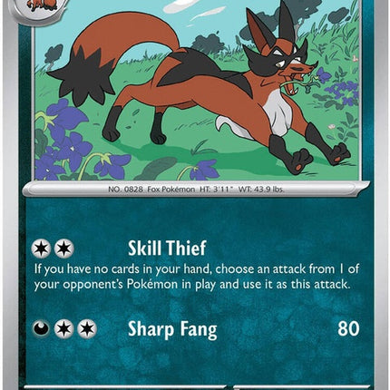 Pokémon Thievul single card, Pitch Black set, featuring Thievul in a dynamic pose with a dark background.