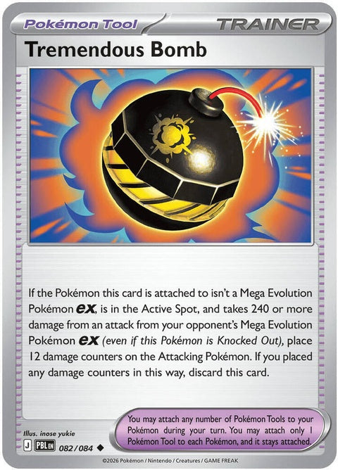 Pokémon ME05 Pitch Black Tremendous Bomb 82 singles card, featuring dark-themed Pokémon artwork.