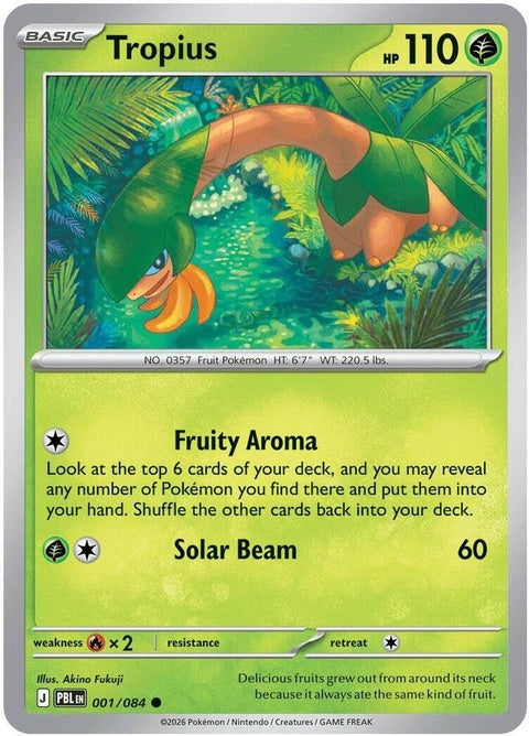Pokémon ME05 Pitch Black Tropius single card featuring a detailed illustration of the grass and flying-type Pokémon.