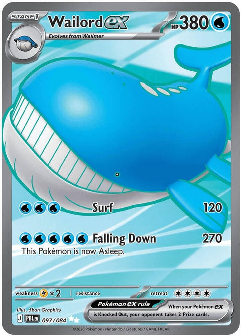 Pitch Black Wailord EX Pokémon card from the ME05 singles set, featuring a large Wailord illustration on a dark background.