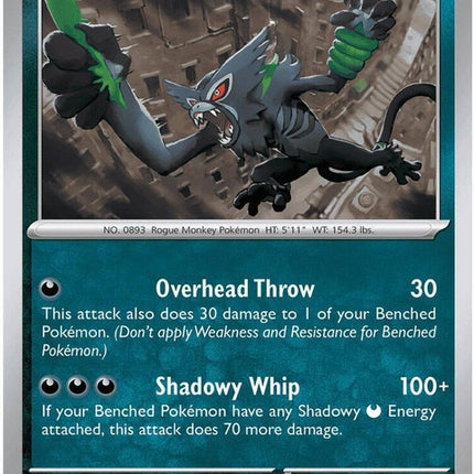 Pokémon ME05 Pitch Black Zarude single card, featuring dark-themed artwork, from the Pokémon trading card game.