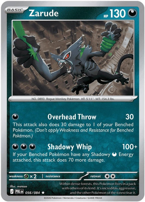 Pokémon ME05 Pitch Black Zarude single card, featuring dark-themed artwork, from the Pokémon trading card game.