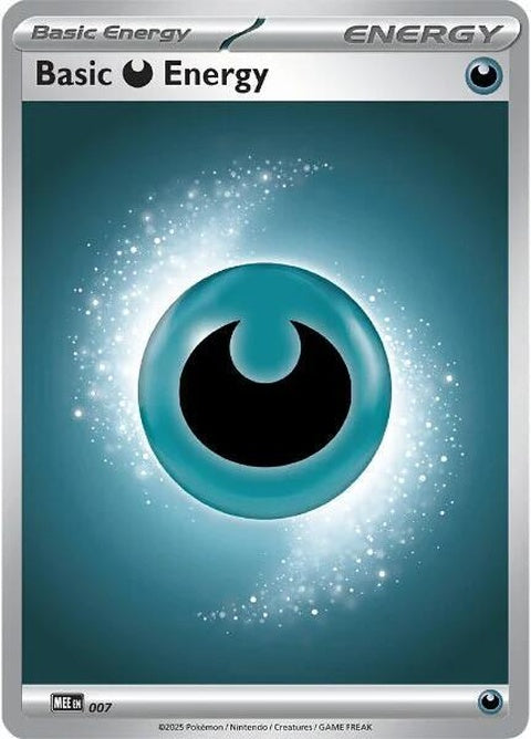 Pokémon Mega Evolution Energies Basic Darkness Energy card, part of Singles series, featuring dark energy design and Pokémon branding.