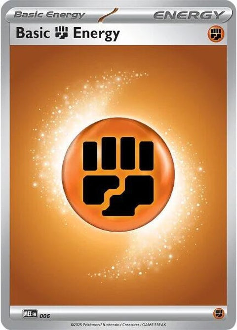 Six Pokémon Mega Evolution Energies Basic Fighting Energy cards, featuring vibrant Fighting Energy artwork from Pokémon.