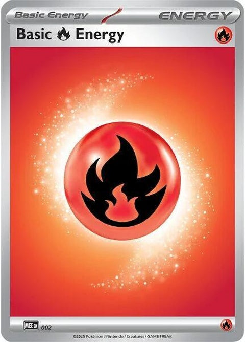 Two Pokémon Mega Evolution Basic Fire Energy cards from Pokémon, featuring fiery designs and branding.