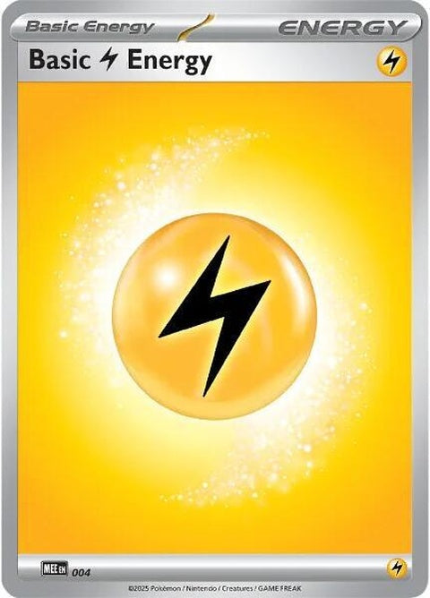 Four Pokémon Mega Evolution Basic Lightning Energy cards from the Pokémon brand, featuring bright yellow lightning symbols.