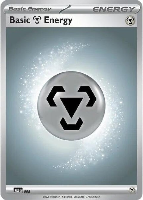 Eight Pokémon Mega Evolution Metal Energy cards from the MEE: Mega Evolution Energies singles set, featuring metallic designs.