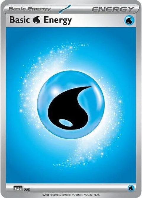 Three Pokémon Mega Evolution Basic Water Energy cards from the Pokémon brand, featuring water-themed energy symbols.