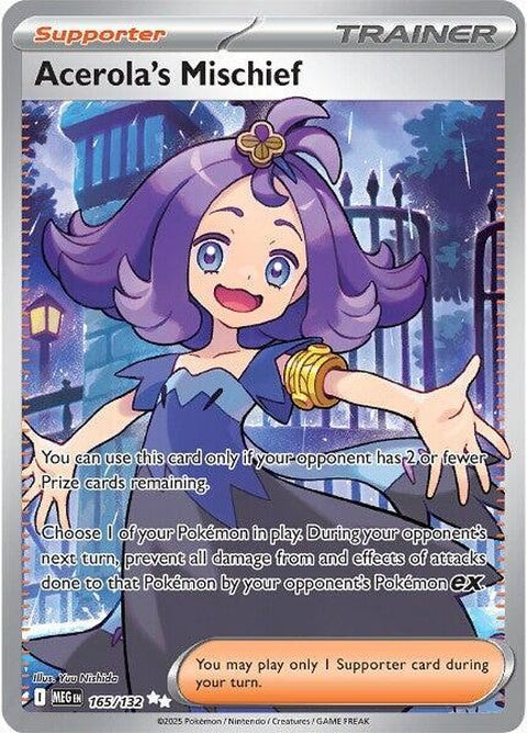 Pokémon Mega Evolution card featuring Acerola's Mischief, a single card from the Mega Evolution series by Pokémon.