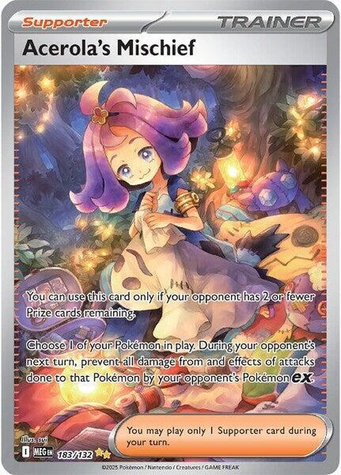 Pokémon Mega Evolution card featuring Acerola's Mischief from the Pokémon Singles series, showcasing vibrant artwork and card details.