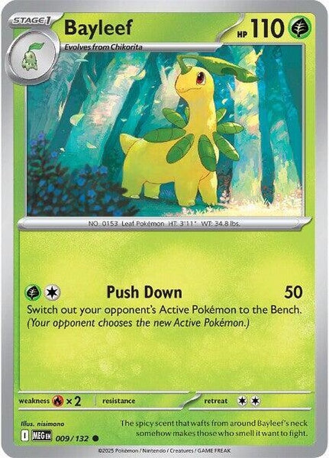 Mega Evolution Bayleef Pokémon figure, displaying its detailed design and vibrant colors in a natural pose.