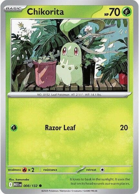 Mega Evolution Chikorita Pokémon card, featuring the Grass-type starter with vibrant artwork and dynamic design.