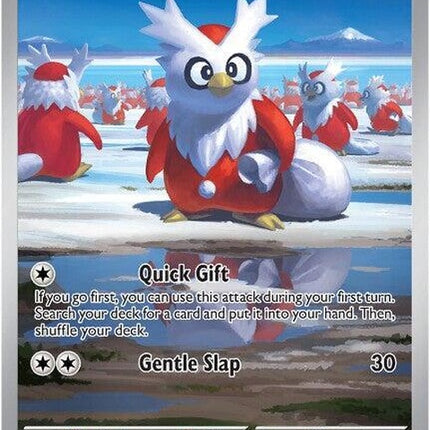 Mega Evolution Delibird Pokémon card from the Singles collection, featuring the iconic bird with enhanced features.