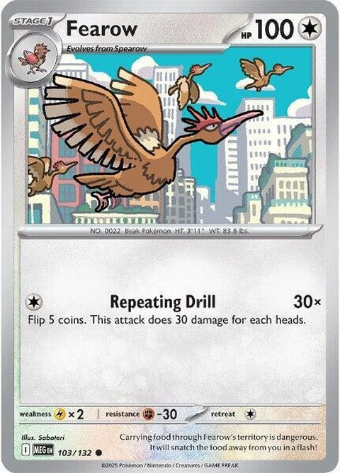 Mega Evolution Fearow Pokémon card featuring the iconic bird Pokémon in its Mega form with vibrant artwork.