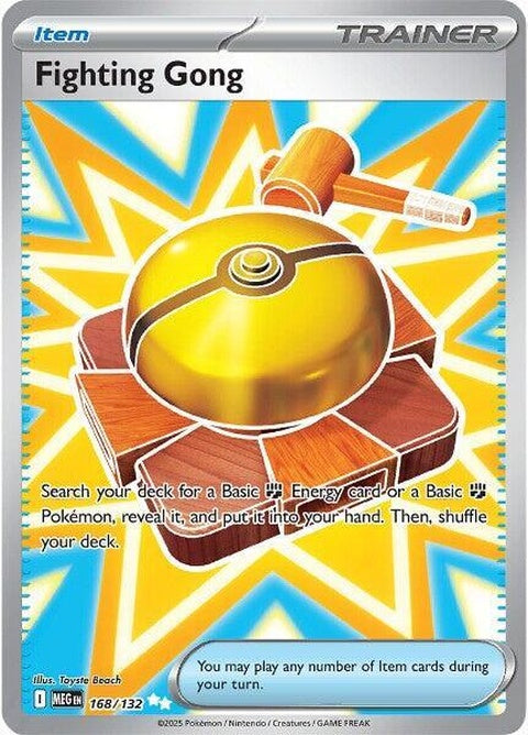 Pokémon Mega Evolution Fighting Gong card from the Singles series, featuring vibrant artwork of the Fighting type Pokémon.