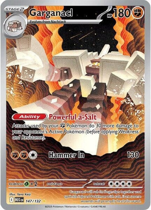 Pokémon Mega Evolution Garganacl 147, a shiny Pokémon with rocky armor, standing on a luminous battlefield in a dynamic pose.