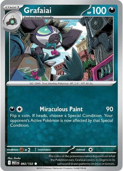 Pokémon Mega Evolution Grafaiai card from the Singles series, showcasing detailed artwork of the Pokémon in a dynamic pose.
