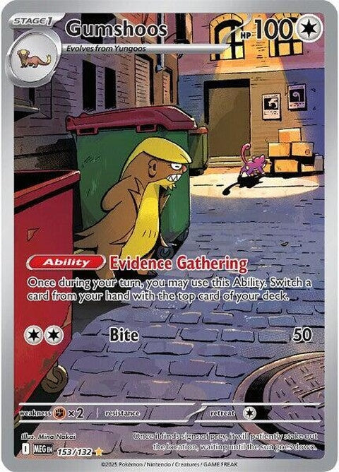 Pokémon Mega Evolution Gumshoos card, single Pokémon trading card game card featuring Mega Gumshoos artwork.