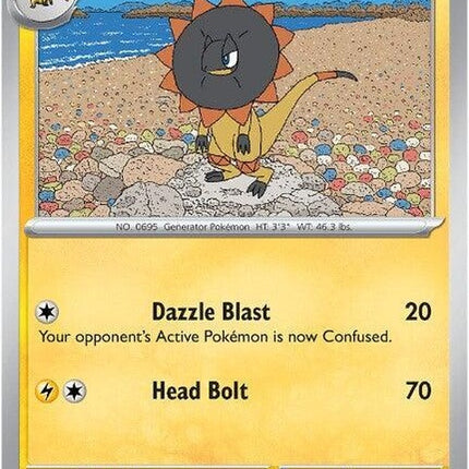 Mega Evolution Heliolisk Pokémon card from the Singles series, featuring a vibrant illustration of the Electric and Normal type Pokémon.