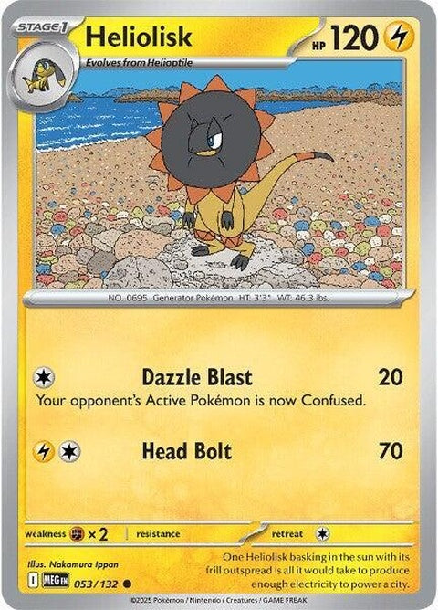 Mega Evolution Heliolisk Pokémon card from the Singles series, featuring a vibrant illustration of the Electric and Normal type Pokémon.