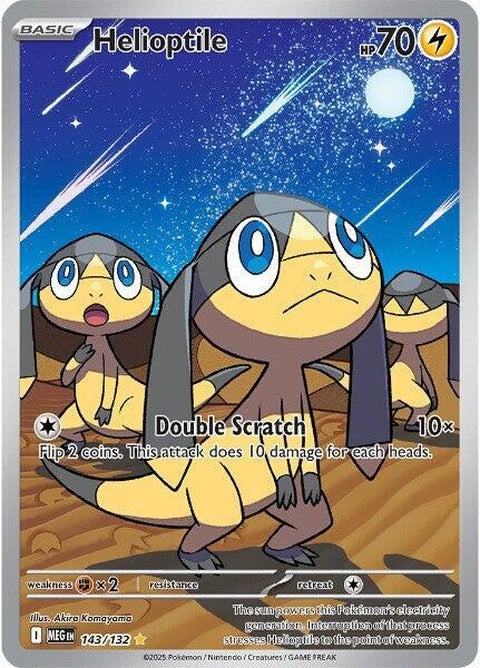 Mega Evolution Pokémon Helioptile, a yellow lizard with electric powers, showcasing its Mega Evolution form from Pokémon.