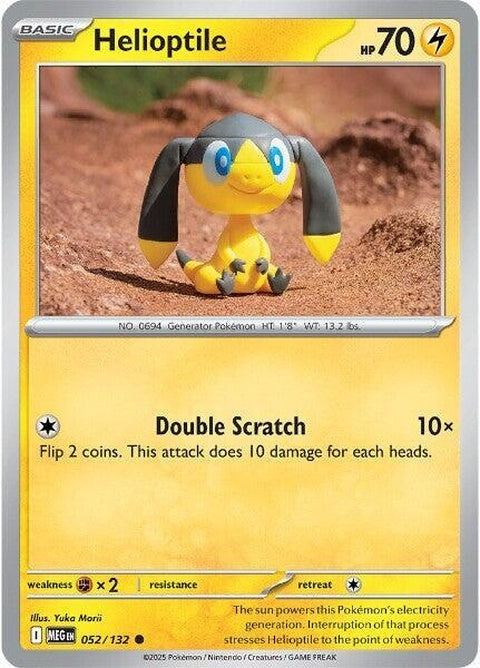 Mega Evolution Helioptile Pokémon card, showing Helioptile in dynamic pose with vibrant background and detailed artwork.