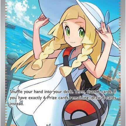 Pokémon Mega Evolution card featuring Lillie's Determination with vibrant artwork and detailed Pokémon branding.
