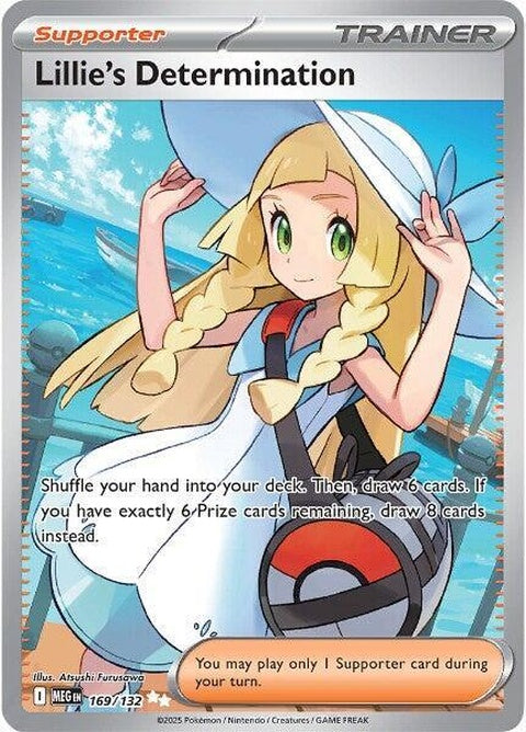 Pokémon Mega Evolution card featuring Lillie's Determination with vibrant artwork and detailed Pokémon branding.