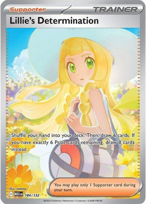 Pokémon Mega Evolution Lillie's Determination card from the Singles series, featuring vibrant artwork and detailed design.