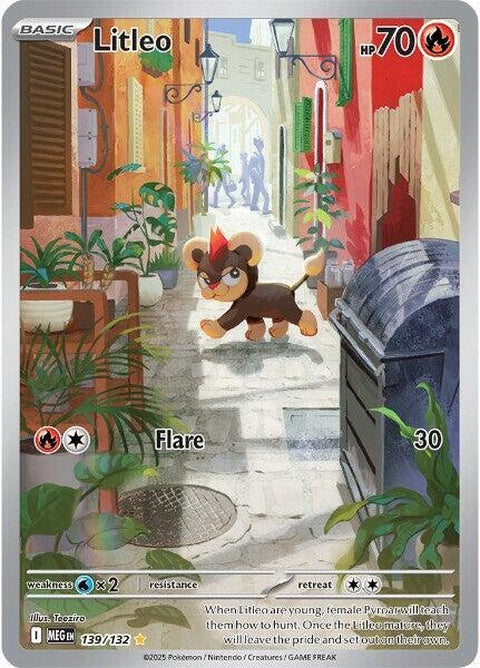 Mega Evolution Litleo Pokémon card, showcasing its fierce design and vibrant colors from the Mega Evolution series.