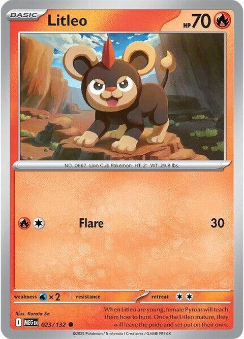 Pokémon Mega Evolution Litleo from the Singles series, showcasing its enhanced form with bright orange fur and regal mane.
