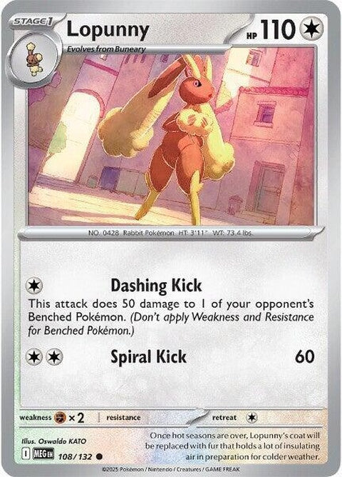 Mega Evolution Lopunny Pokémon card, featuring the Pokémon in its Mega form with vibrant artwork and details.