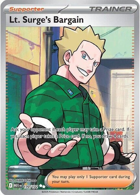 Pokémon Mega Evolution Lt. Surge's Bargain card from the Singles series, featuring Lt. Surge in a dynamic battle pose.