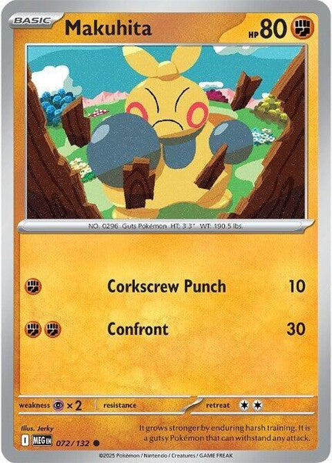 Pokémon Mega Evolution Makuhita, a fighting-type Pokémon with a muscular build and energetic stance, in a dynamic pose.