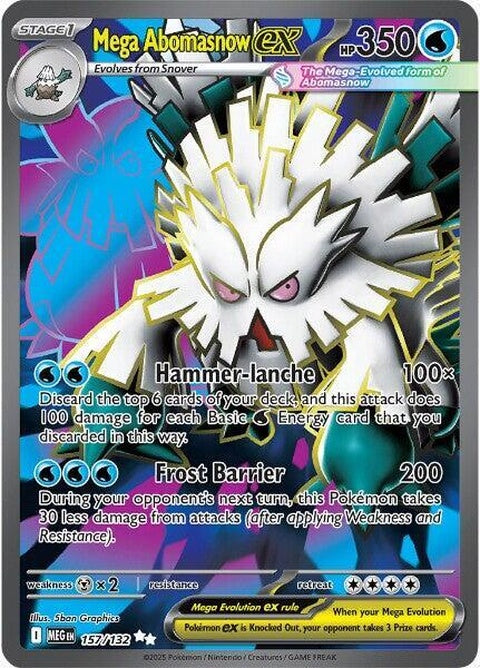 Mega Abomasnow EX Pokémon card from Mega Evolution set, featuring artwork of a large, snowy, grass and ice-type Pokémon.