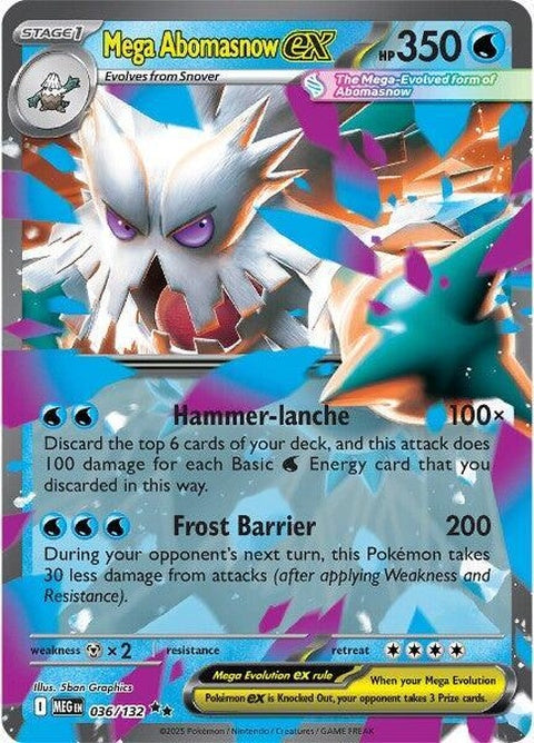 Pokémon Mega Evolution Mega Abomasnow EX card from the Singles series, featuring a detailed illustration of Mega Abomasnow.