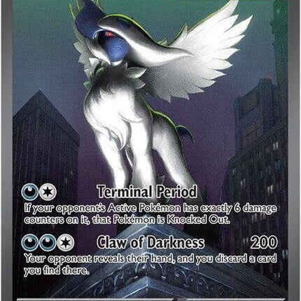 Mega Absol EX Pokémon card featuring Mega Evolution, with striking design and vibrant artwork on a black background.