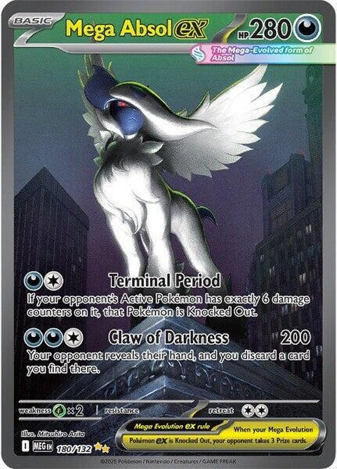 Mega Absol EX Pokémon card featuring Mega Evolution, with striking design and vibrant artwork on a black background.