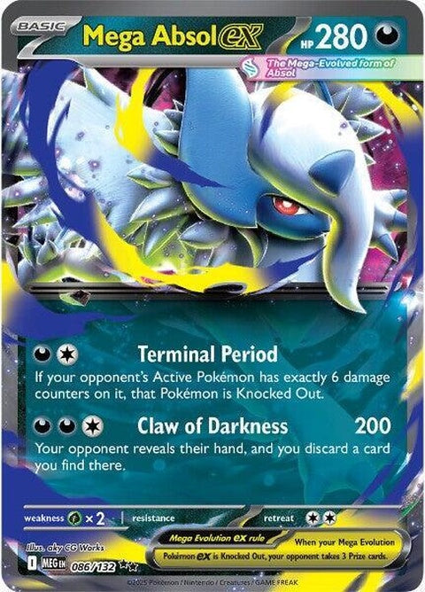 Mega Evolution Mega Absol EX Pokémon trading card featuring Absol in Mega form, with vibrant artwork and detailed design.