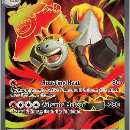 Pokémon Mega Evolution Mega Camerupt EX card, featuring a fiery, volcano-themed Pokémon with dynamic artwork.
