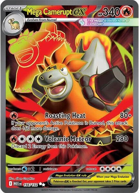 Pokémon Mega Evolution Mega Camerupt EX card, featuring a fiery, volcano-themed Pokémon with dynamic artwork.